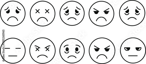 Set of emoji icons representing various facial expressions of sadness and anger.