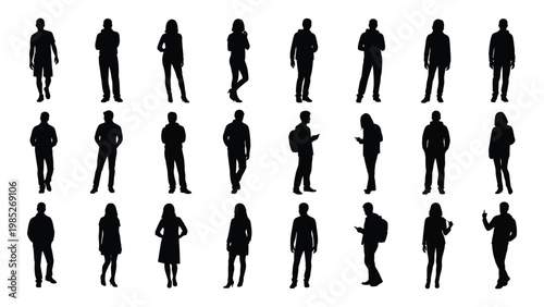 A collection of twenty seven black silhouettes depicting diverse people in various casual poses and outfits