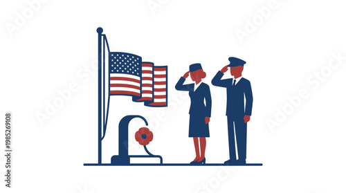 American Soldiers Saluting Flag and Memorial