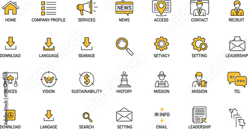 Business and company icons including home, services, news, contact, search, and settings.