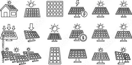 Set of solar panel icons for clean energy and renewable power technology.