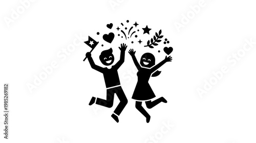 Joyful Couple Celebrating with Fireworks and Hearts