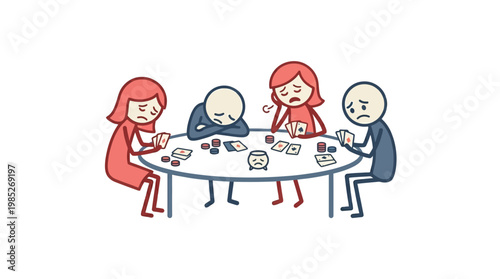 Group of People Depicted with Sad Expressions Playing Cards