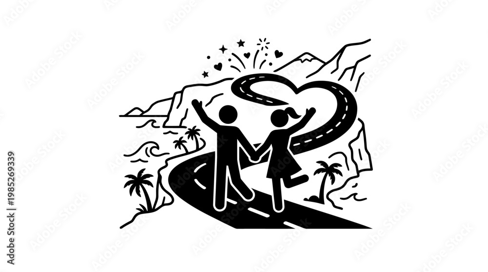 Obraz premium Couple Celebrating Journey on Road with Heart Shape Path