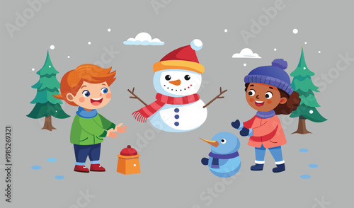 Children building a snowman in a winter wonderland with snowy trees