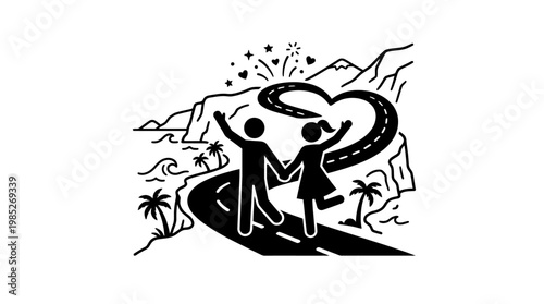 Couple Celebrating Journey on Road with Heart Shape Path