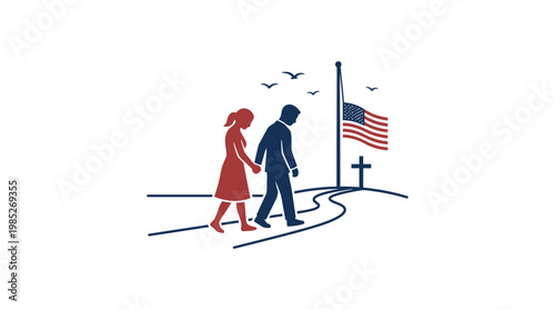 Couple Walking Towards Flag and Cross Representing Memorial