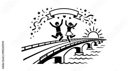 Joyful Couple Celebrating on a Bridge with Confetti