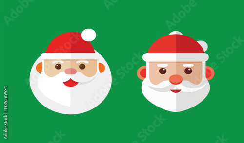 Two flat design santa claus faces with red hats and white beards