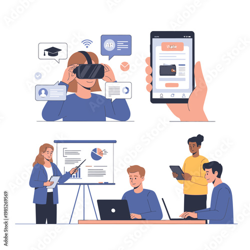 Women Using Virtual Reality Headset and Mobile Devices in Office