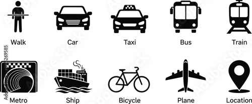 Set of transportation icons depicting various modes of travel on a transparent background.