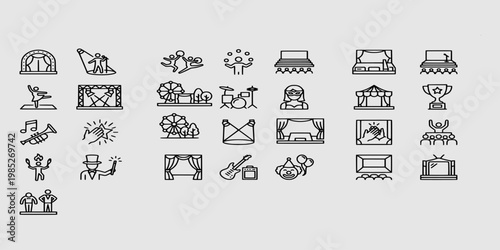 icon sheet collection of entertainment show elements including theater stages, circus performers, musical instruments, magic acts, carnival attractions, and audience applause symbols.
