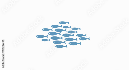 A graceful school of blue fish swimming together in perfect harmony across a clean white background