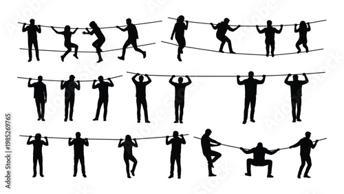 Silhouettes of people balancing and walking on tightropes in various dynamic poses high quality professional detailed