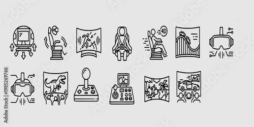 icon sheet collection of virtual reality technology, 4D motion cinema seats, gaming simulators, VR headsets, and interactive digital entertainment experiences.