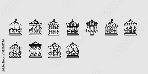 icon sheet collection of classic carnival carousels, vintage merry-go-rounds, horse rides, and traditional fairground spinning attractions for children.