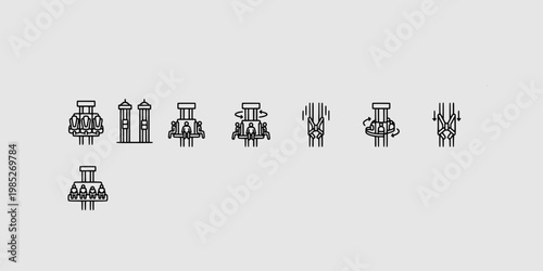 icon sheet collection of amusement park drop towers, vertical freefall rides, gravity attractions, and high-altitude thrill seeker equipment symbols.