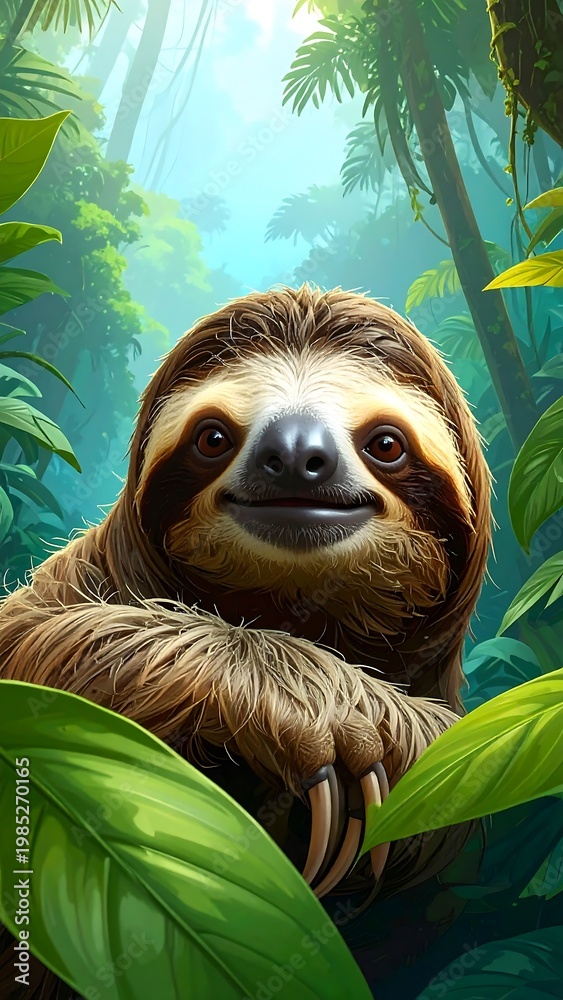 Fototapeta premium A sloth peeking from behind leaves in a lush jungle