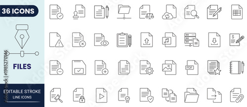Files icon set in outline style. Editable stroke. Vector icon collection.