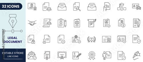 Legal document icon set in outline style. Editable stroke. Vector icon collection.