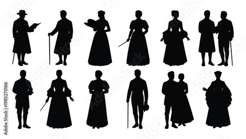 A collection of silhouetted figures depicting people in historical attire potentially from the victorian era