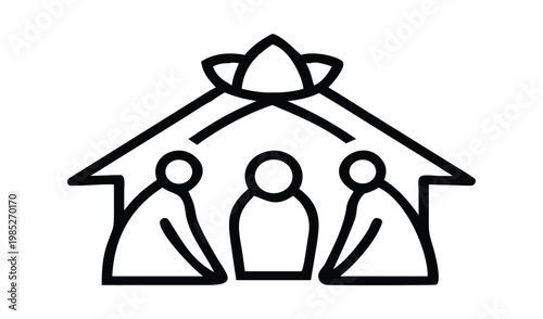 Simple line art icon of three people inside a house shape