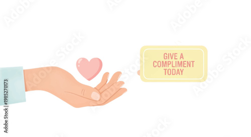 Vector hand with heart, compliment concept, kindness gesture, flat illustration