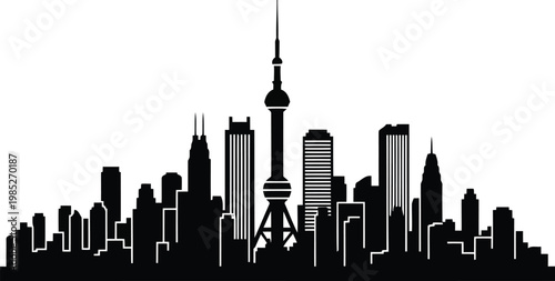 Photography Shanghai China City Skyline Silhouette with Oriental Pearl Tower Black Vector Il