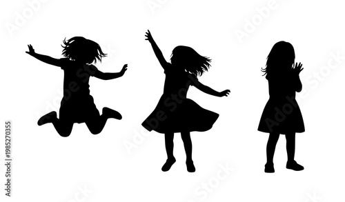 Set of little girl silhouettes in playful poses jumping and twirling isolated on white background