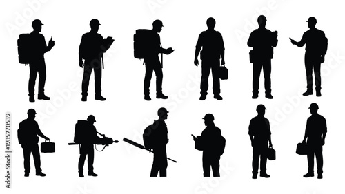 A collection of black silhouette figures depicting various people with different items and postures high quality