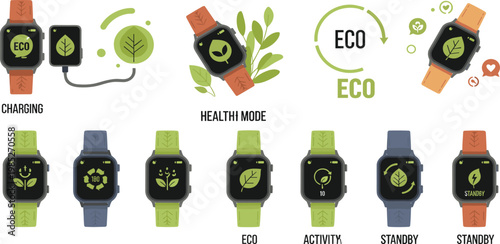 Eco friendly smartwatch vector icon set featuring health mode activity tracking and sustainable green technology concepts.
