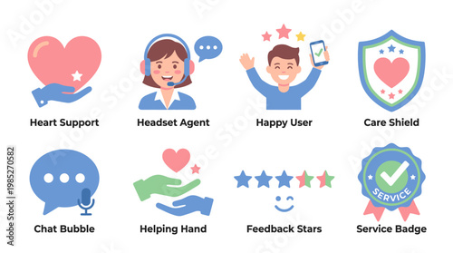 A vector set of customer service icons featuring a heart support, headset agent, happy user, care shield, chat bubble, helping hand, feedback stars, and service badge.