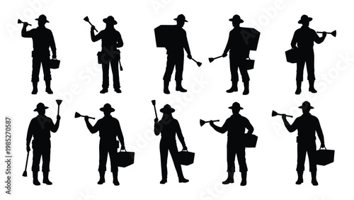 A collection of silhouette figures depicting ice cream vendors with various poses and equipment high quality