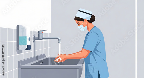 Nurse washing hands under running water in a sink, illustrating hygiene and infection control practices
