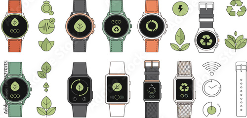 Eco friendly smartwatch vector icon set featuring sustainable wearable technology smart watch devices with organic