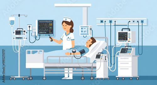 Dedicated healthcare professional providing comprehensive medical care to a patient in a modern hospital room, featuring advanced monitoring equipment for critical treatment and recovery