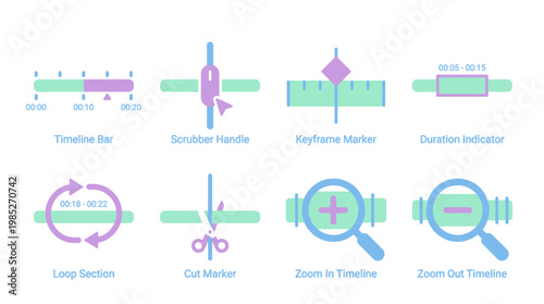 A vector set of various video editing icons including a timeline bar, scrollbar handle, keyframe marker, and more on a white background.