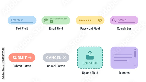 Vector set of various colorful form elements including buttons and fields for user interface design