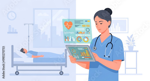 Nurse utilizes advanced healthcare technology for digital patient monitoring and data analysis, enhancing modern patient care in a hospital setting