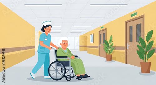 Dedicated nurse providing compassionate care for an elderly patient in a hospital corridor, highlighting supportive healthcare services and recovery assistance in a modern medical facility