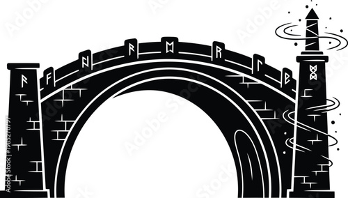 Mystic stone arch bridge with viking runes and enchanted tower fantasy vector illustration silhouette
