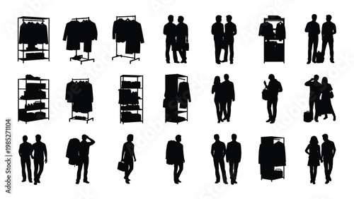 Black silhouettes of clothing racks wardrobes and people in various poses and groupings high quality professional