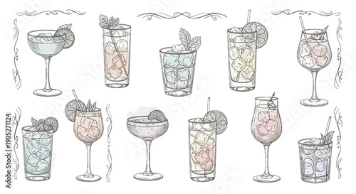 Cocktail glasses, drink illustrations, mixed drinks, bar icons, beverage set