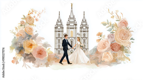 a mormon couple getting married near mormon temple, an illustration of a religious wedding, watercolor illustration, painting, card, invitation