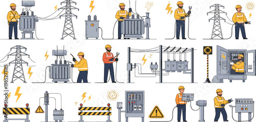 Electrical engineer and technician characters working on power grid infrastructure with transformers and high voltage lines vectors