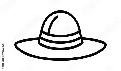 Simple line drawing of a wide brimmed hat with decorative bands