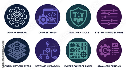 A vector set of modern technology icons depicting various system settings and developer tools in a sleek design.