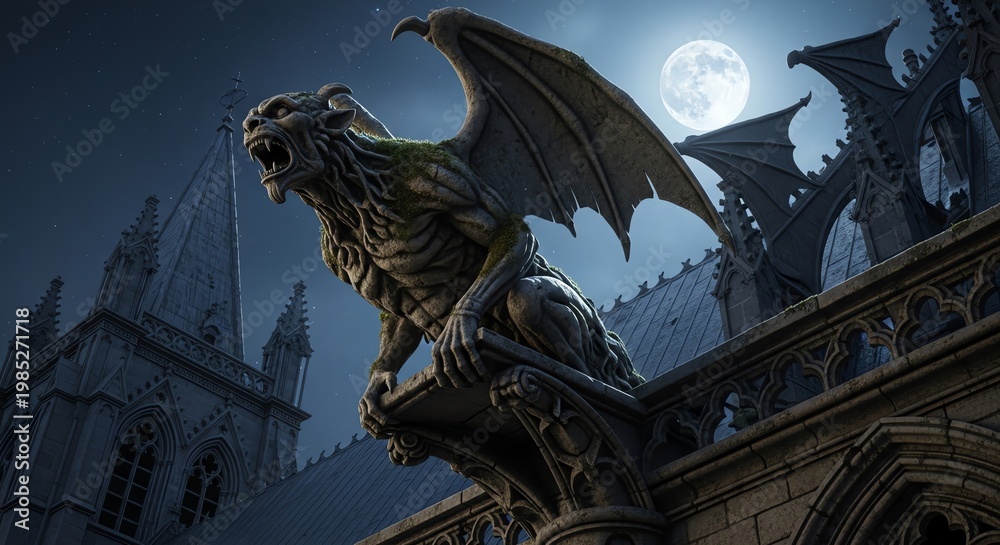 Fototapeta premium Gargoyle statue on gothic cathedral under moonlight