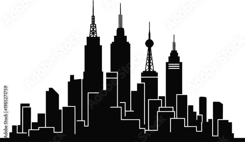 black and white city skyline with tall buildings and towers silhouette