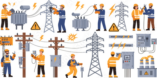 Industrial Power Grid Electricians Working On High Voltage Transformers And Electricity Transmission Towers Vector Illustration Set.